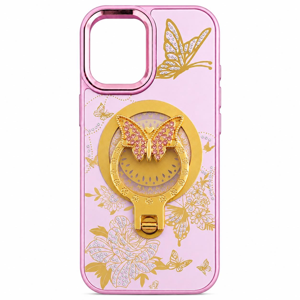 Glitter Sparkle Butterflies Ring Stand Bling Diamond Kickstand Shockproof Protective Cover in pink, compatible for IPHONE 17